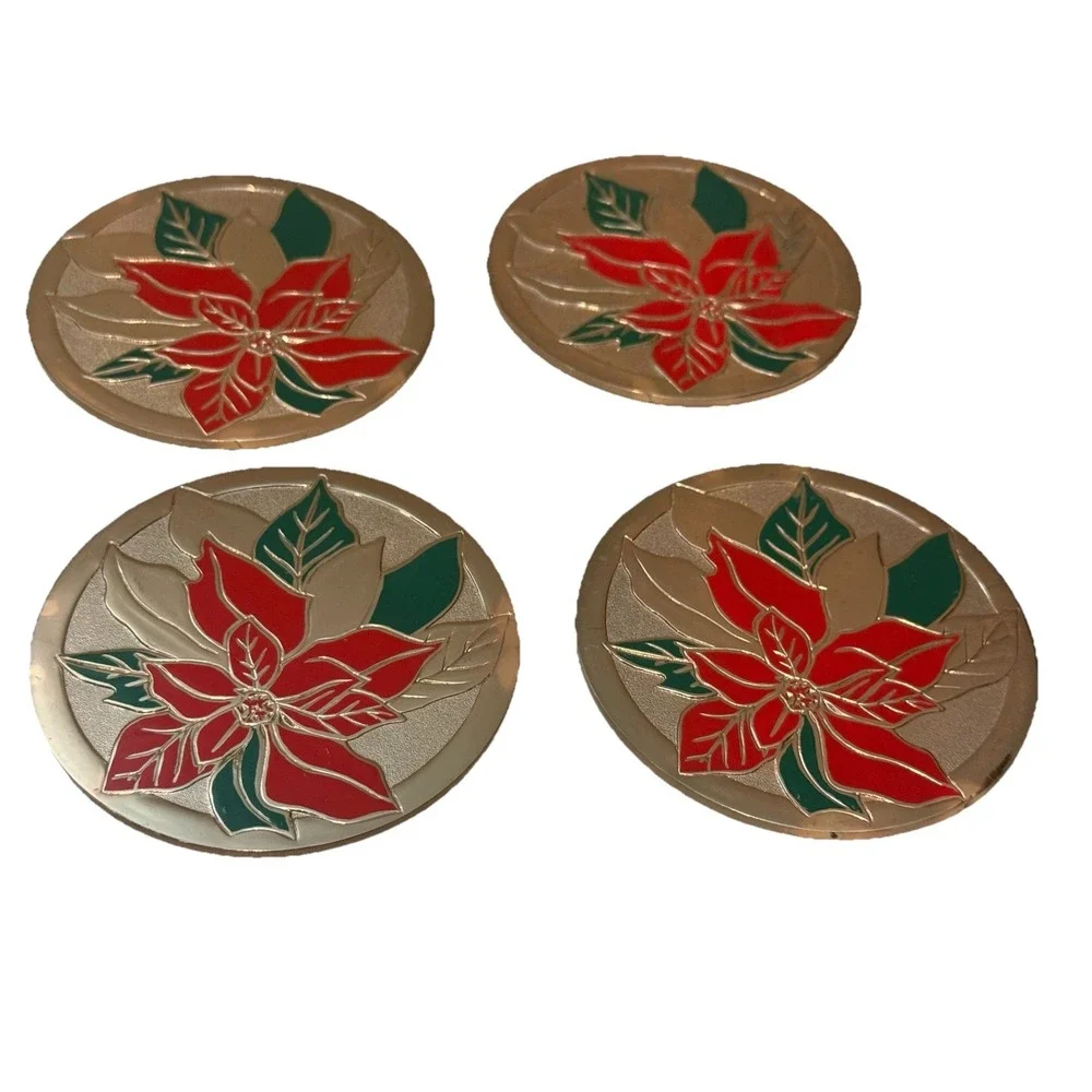 VTG Christmas Decor 4‎ Brass & Enamel Coasters Poinsettia Holiday EUC Felt Back